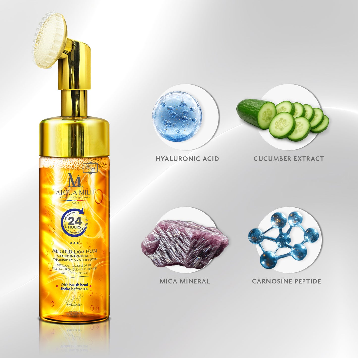 24K Gold Lava Foam Cleaner Hyaluronic Acid + Multi-Peptide (With Brush Head)